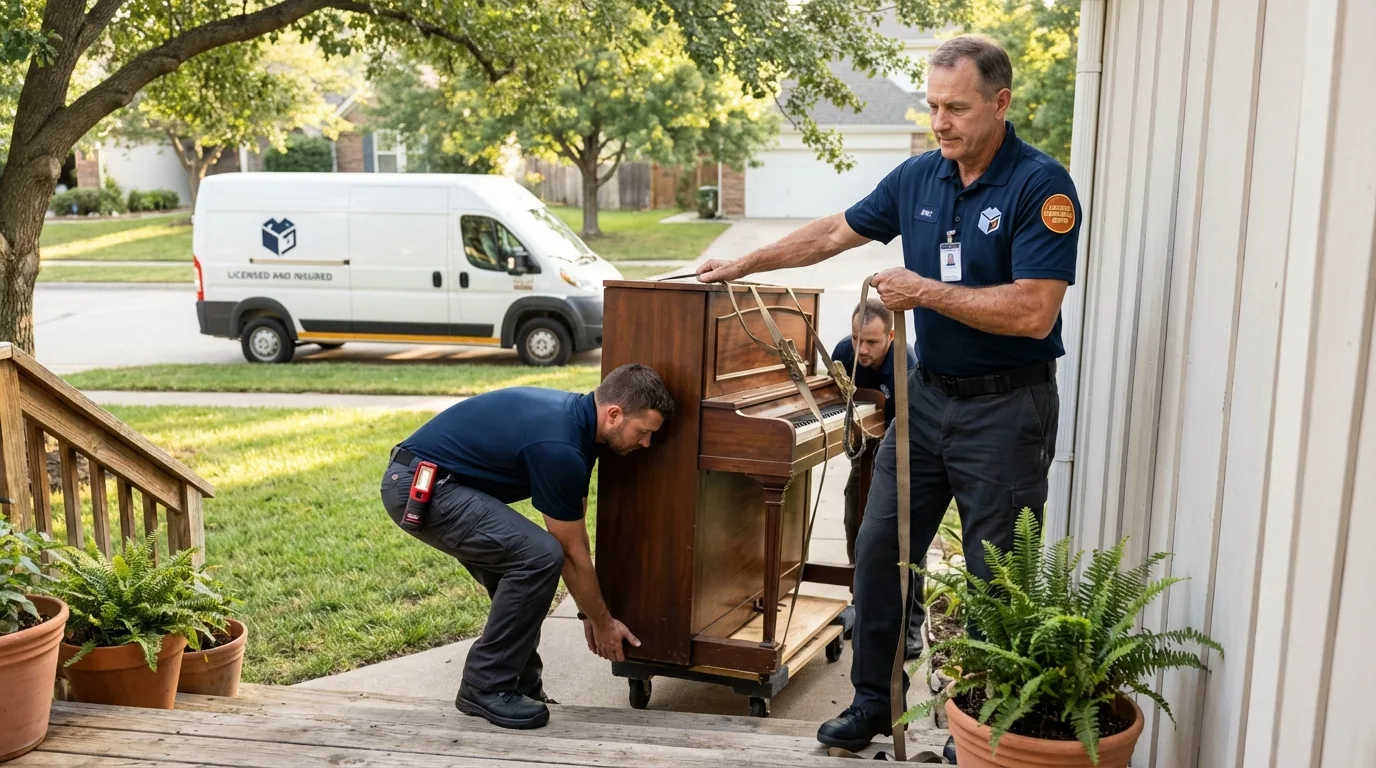 Licensed piano movers securing grand piano in Trenton, NC