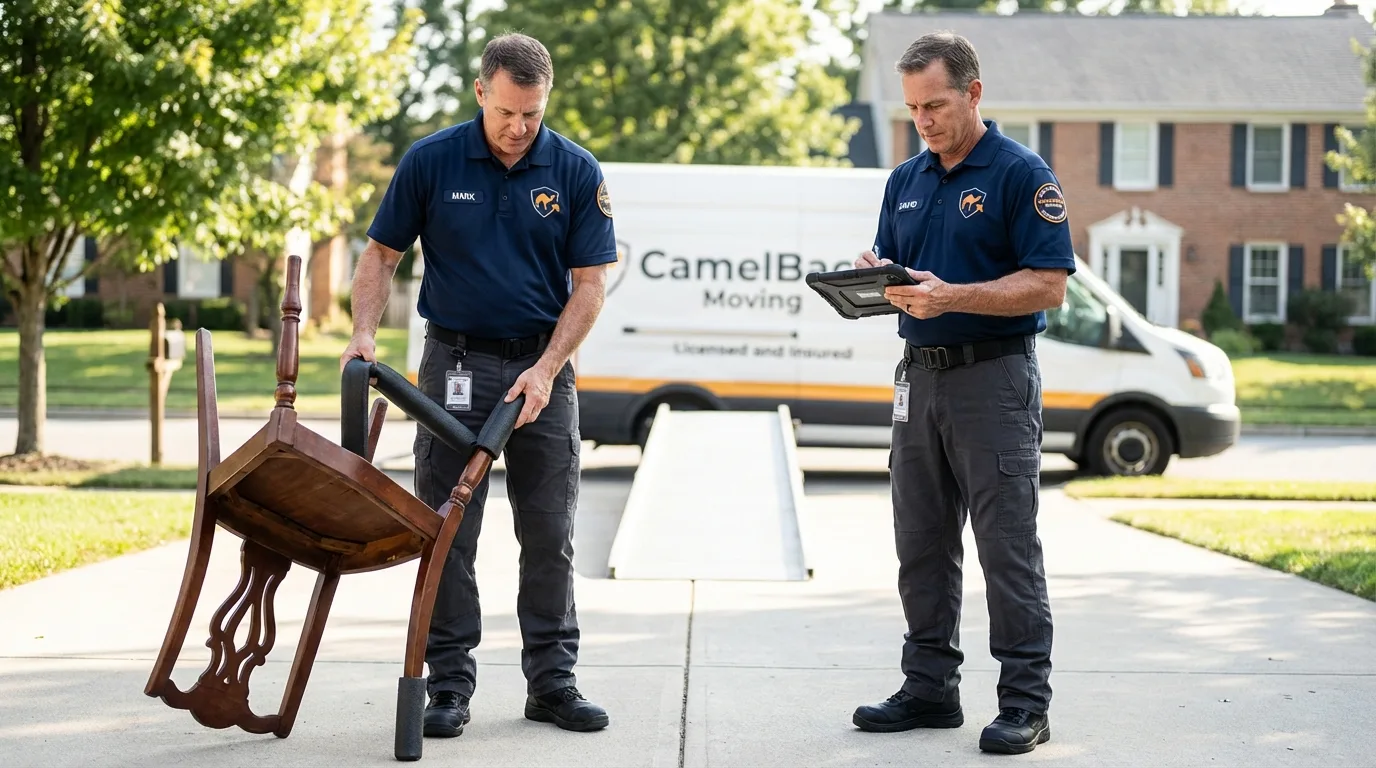 Movers inspecting furniture for damage prevention before loading in Trenton, NC
